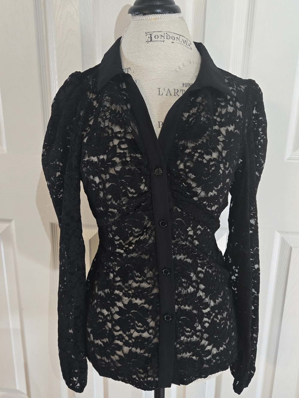 Fashion Nova Black Floral Lace Sheer Button Front Collared Button Up XL